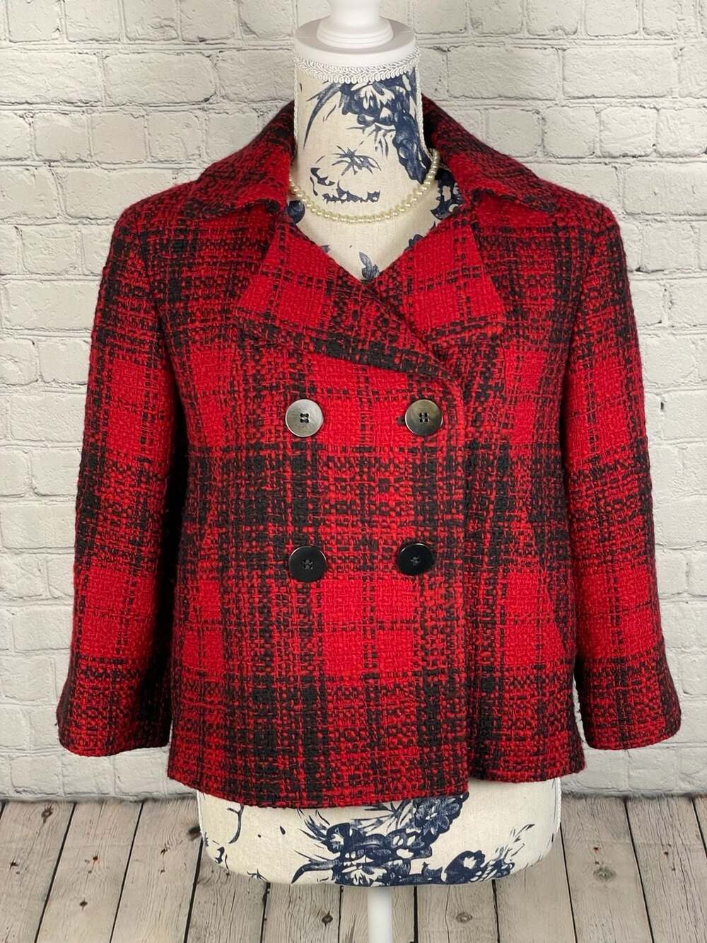 Talbots Red/Black Plaid Double Breasted Wool Blend Cropped Jacket Size 6P